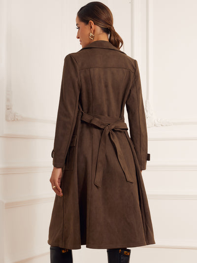 Faux Suede Notched Lapel Double Breasted Belted Long Sleeve Trench Coat