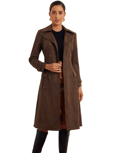 Faux Suede Notched Lapel Double Breasted Belted Long Sleeve Trench Coat