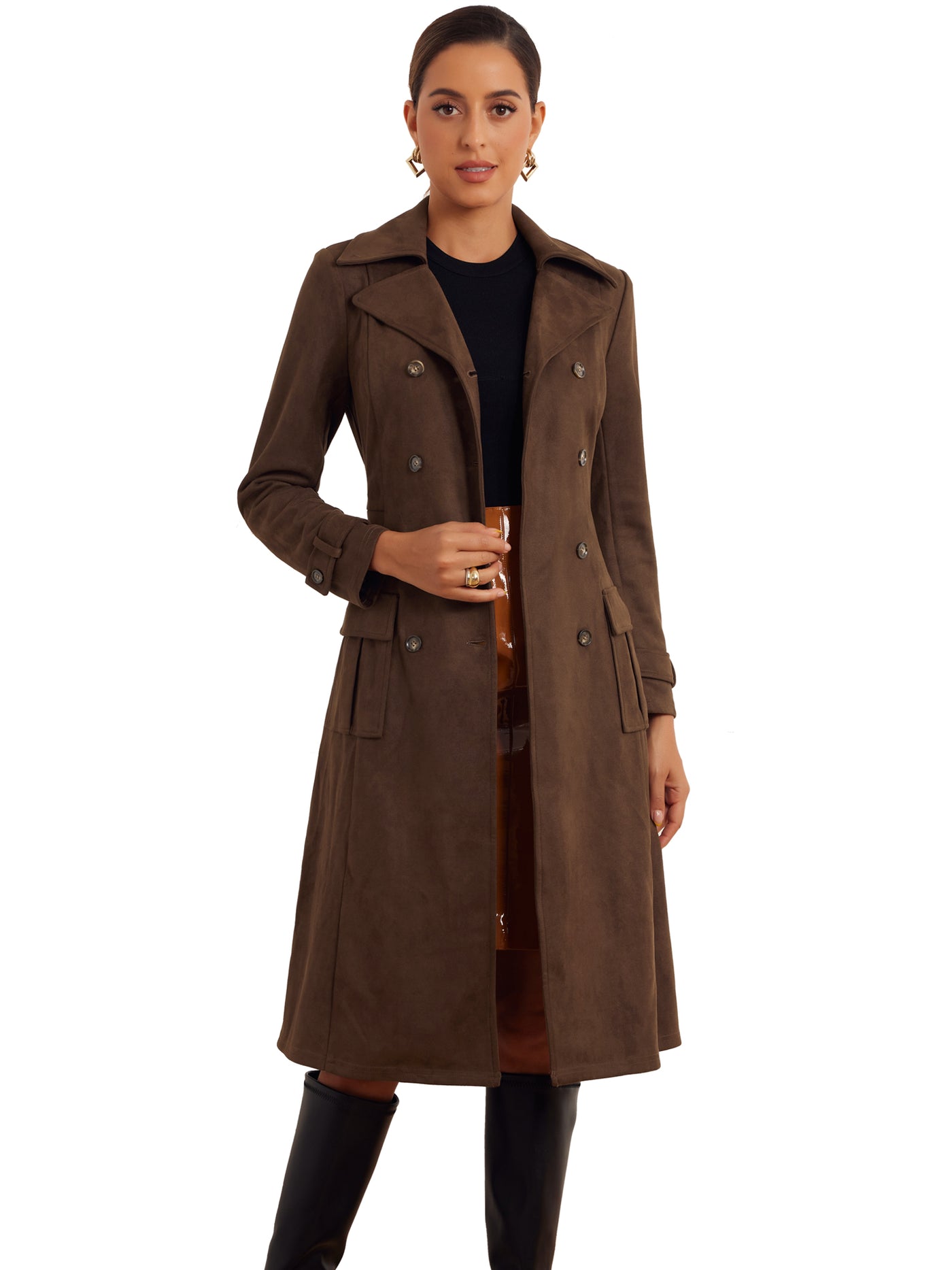 Allegra K Faux Suede Notched Lapel Double Breasted Belted Long Sleeve Trench Coat