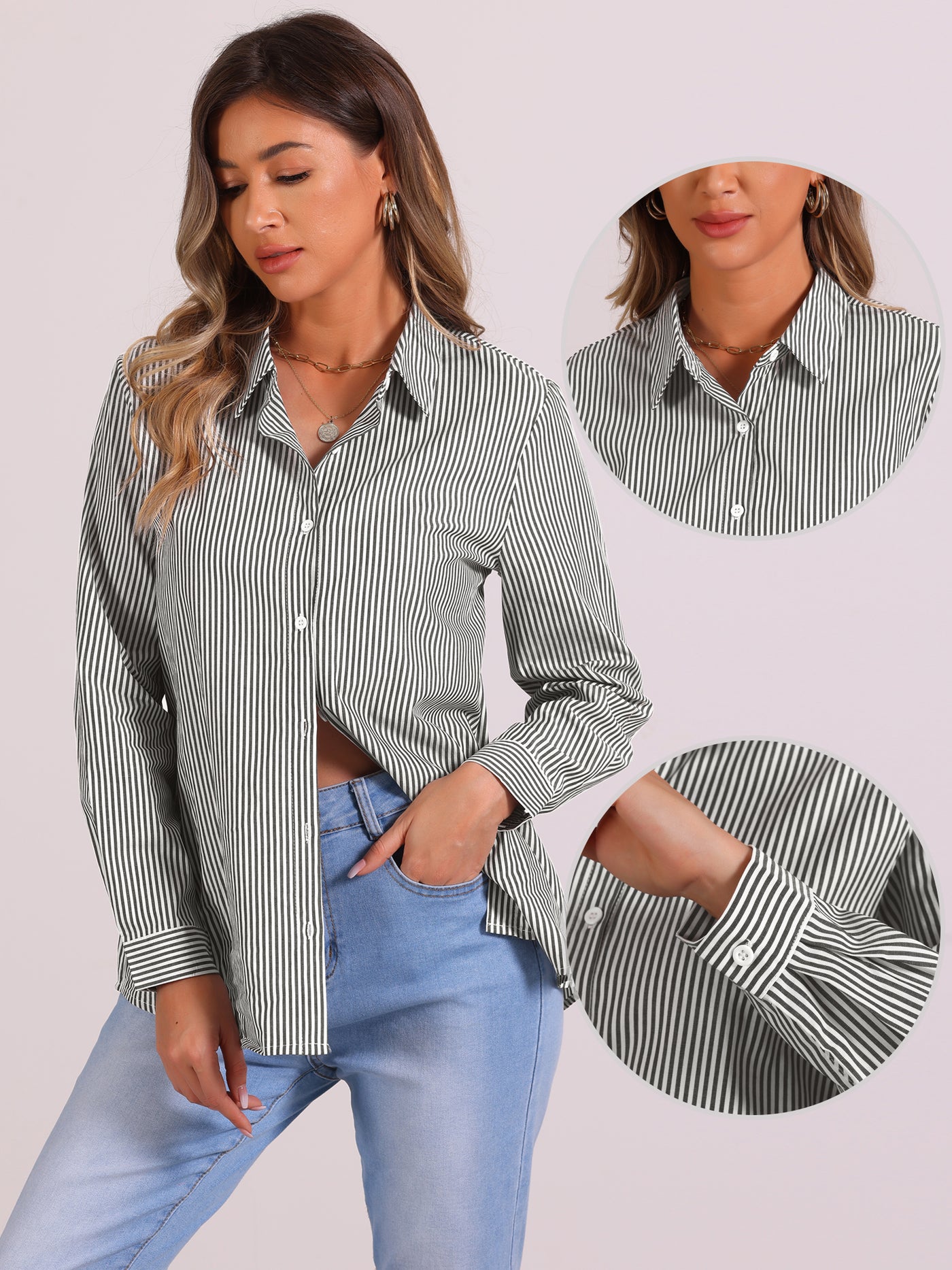 Allegra K Button Down Long Sleeve Collared Striped Shirt