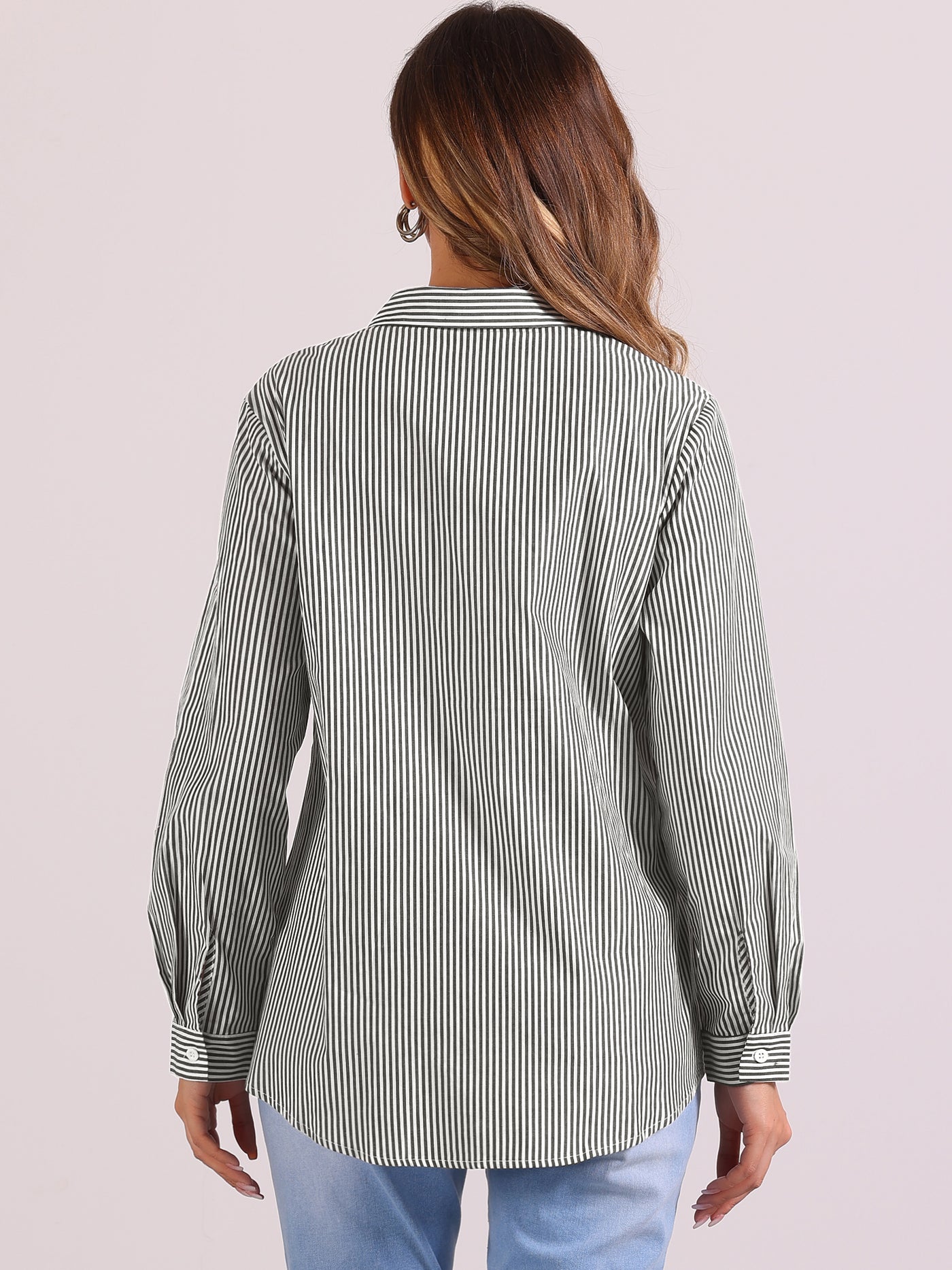Allegra K Button Down Long Sleeve Collared Striped Shirt