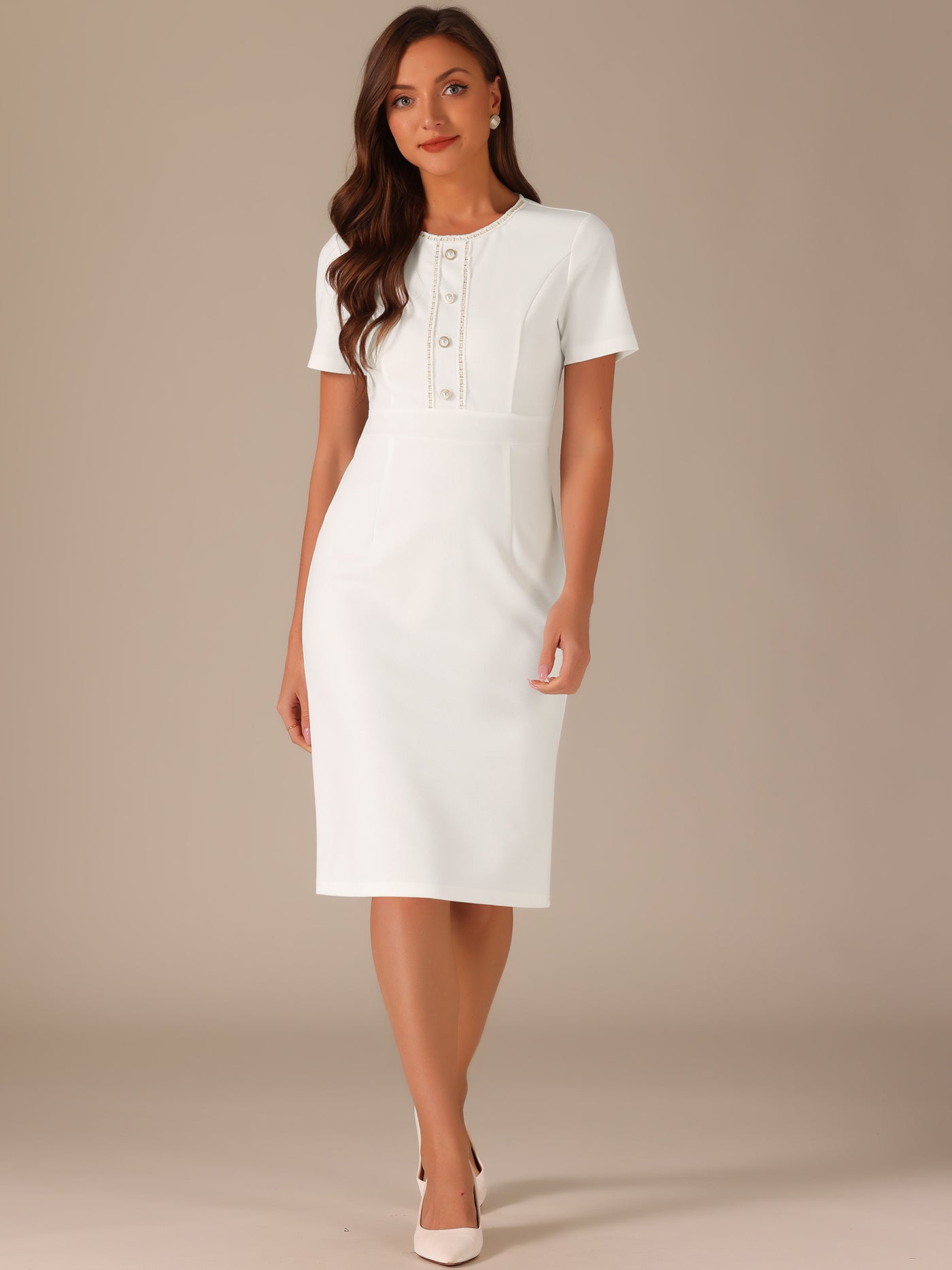 Allegra K Short Sleeve Button Decor Bodycon Sheath Work Midi Dress