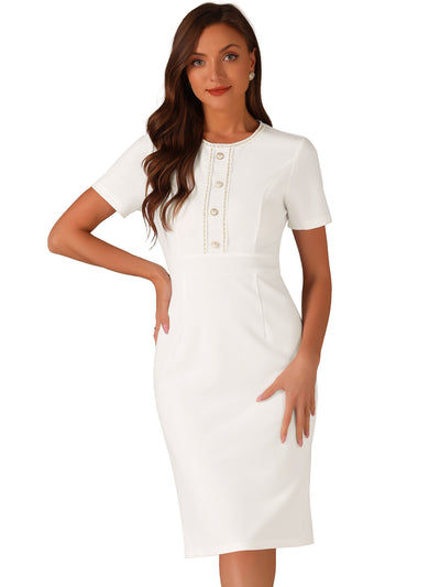 Short Sleeve Button Decor Bodycon Sheath Work Midi Dress