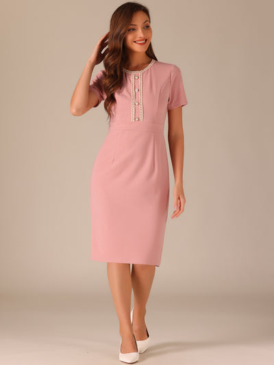 Short Sleeve Button Decor Bodycon Sheath Work Midi Dress