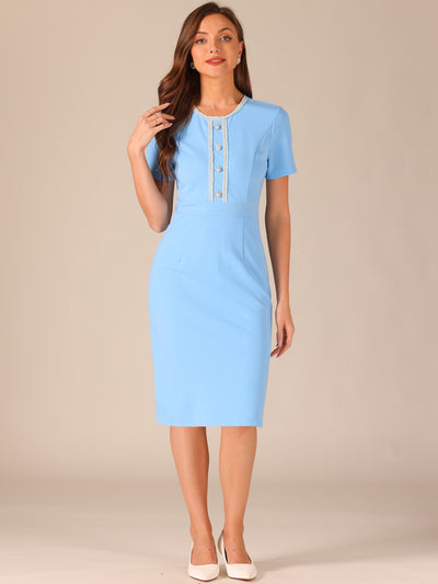 Short Sleeve Button Decor Bodycon Sheath Work Midi Dress