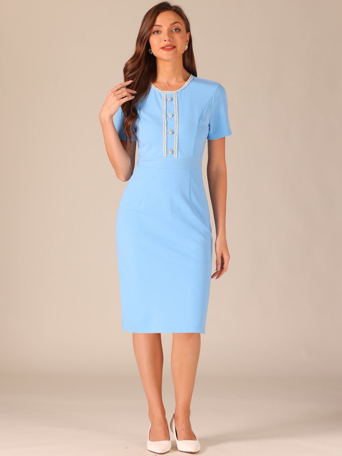 Allegra K Short Sleeve Button Decor Bodycon Sheath Work Midi Dress