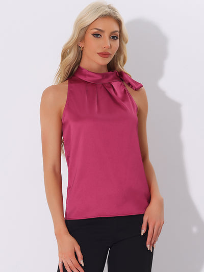 Elegant Satin Sleeveless Tie Knot Mock Neck Solid Work Blouse Top