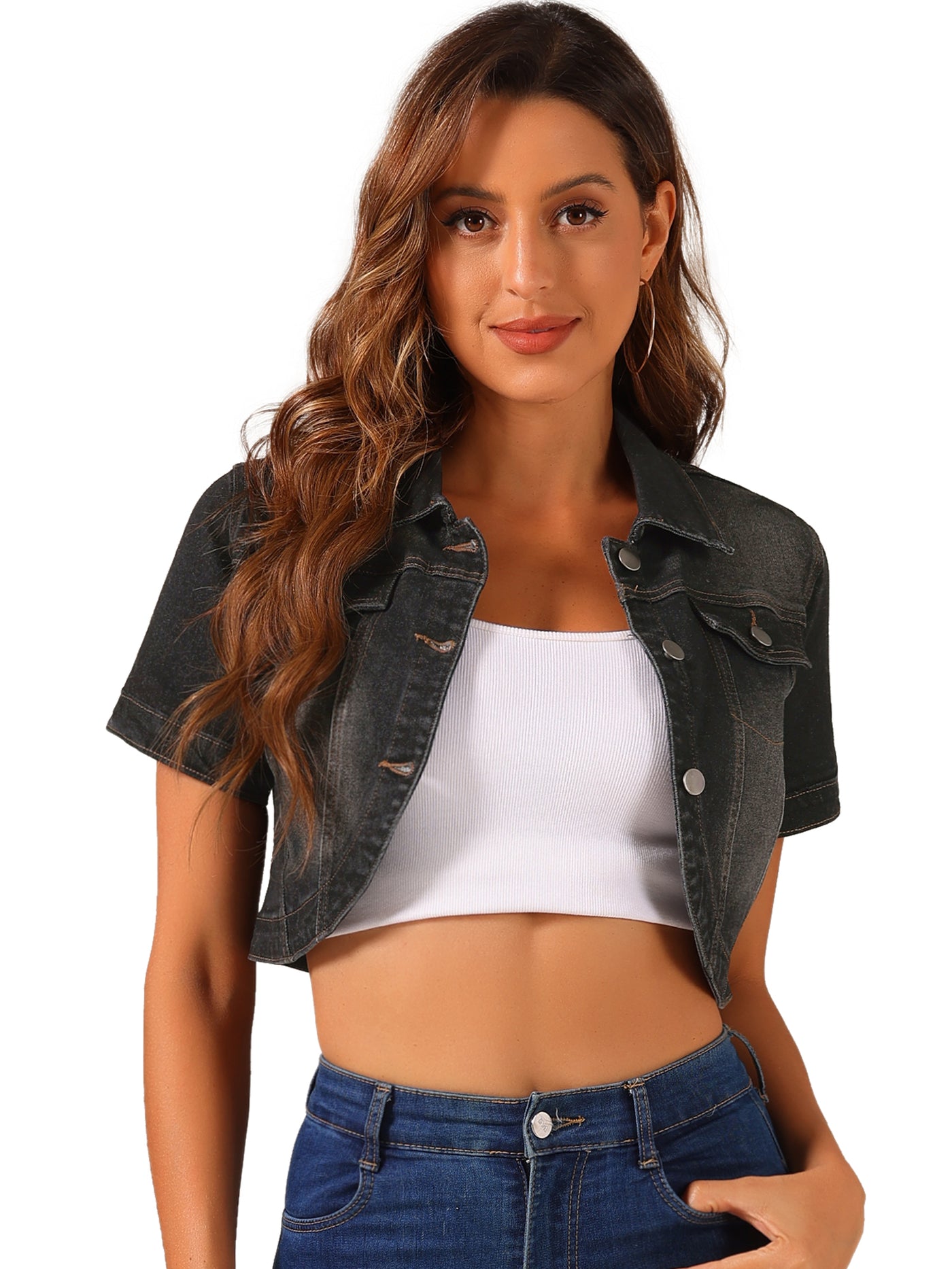 Allegra K Casual Denim Turndown Collar Short Sleeves Crop Jean Jackets