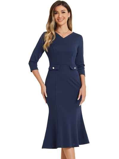 Vintage Bodycon Fishtail 3/4 Sleeve Work Church Cocktail Dress