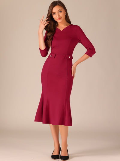 Vintage Bodycon Fishtail 3/4 Sleeve Work Church Cocktail Dress