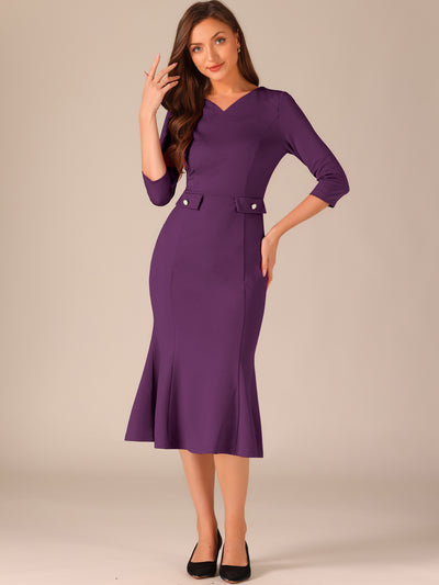 Vintage Bodycon Fishtail 3/4 Sleeve Work Church Cocktail Dress