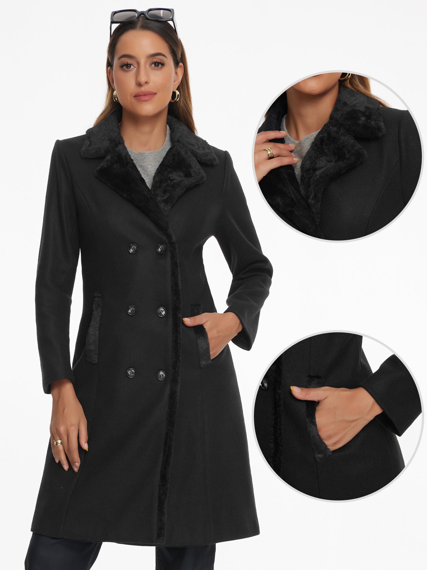 Allegra K Faux Fur Lapel Double-Breasted Winter Warm Pea Coats