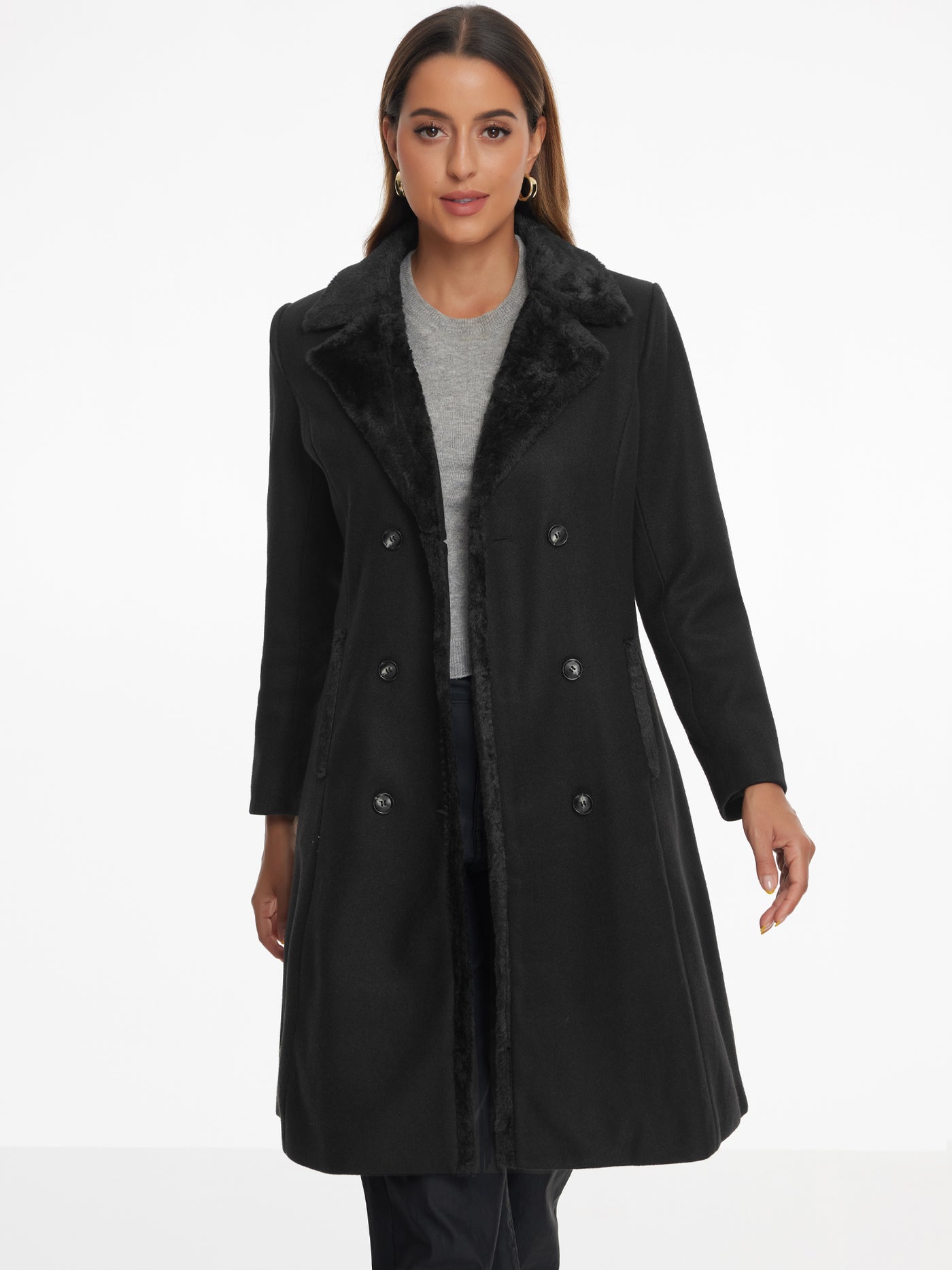 Allegra K Faux Fur Lapel Double-Breasted Winter Warm Pea Coats