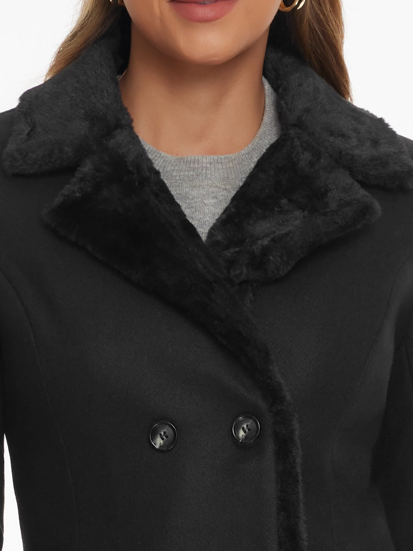 Allegra K Faux Fur Lapel Double-Breasted Winter Warm Pea Coats