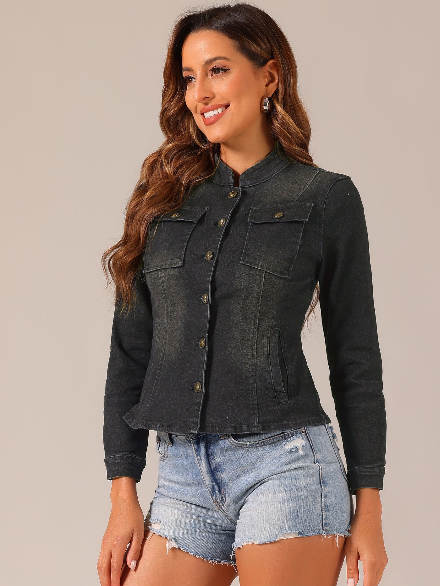 Allegra K Casual Denim Classic Stand Collar Long Sleeve Jean Jacket