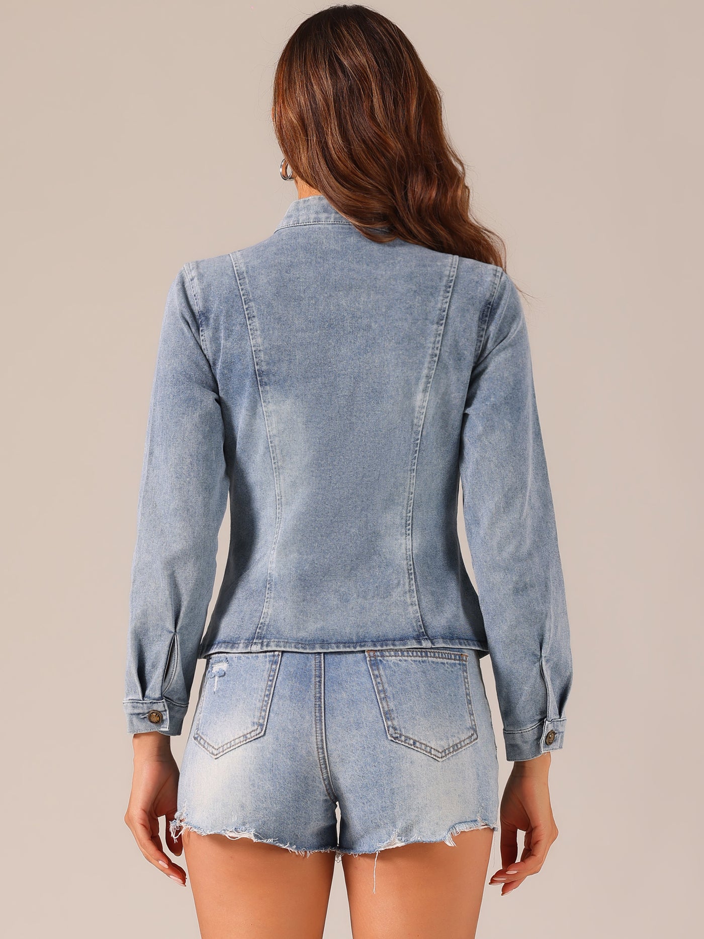 Allegra K Casual Denim Classic Stand Collar Long Sleeve Jean Jacket