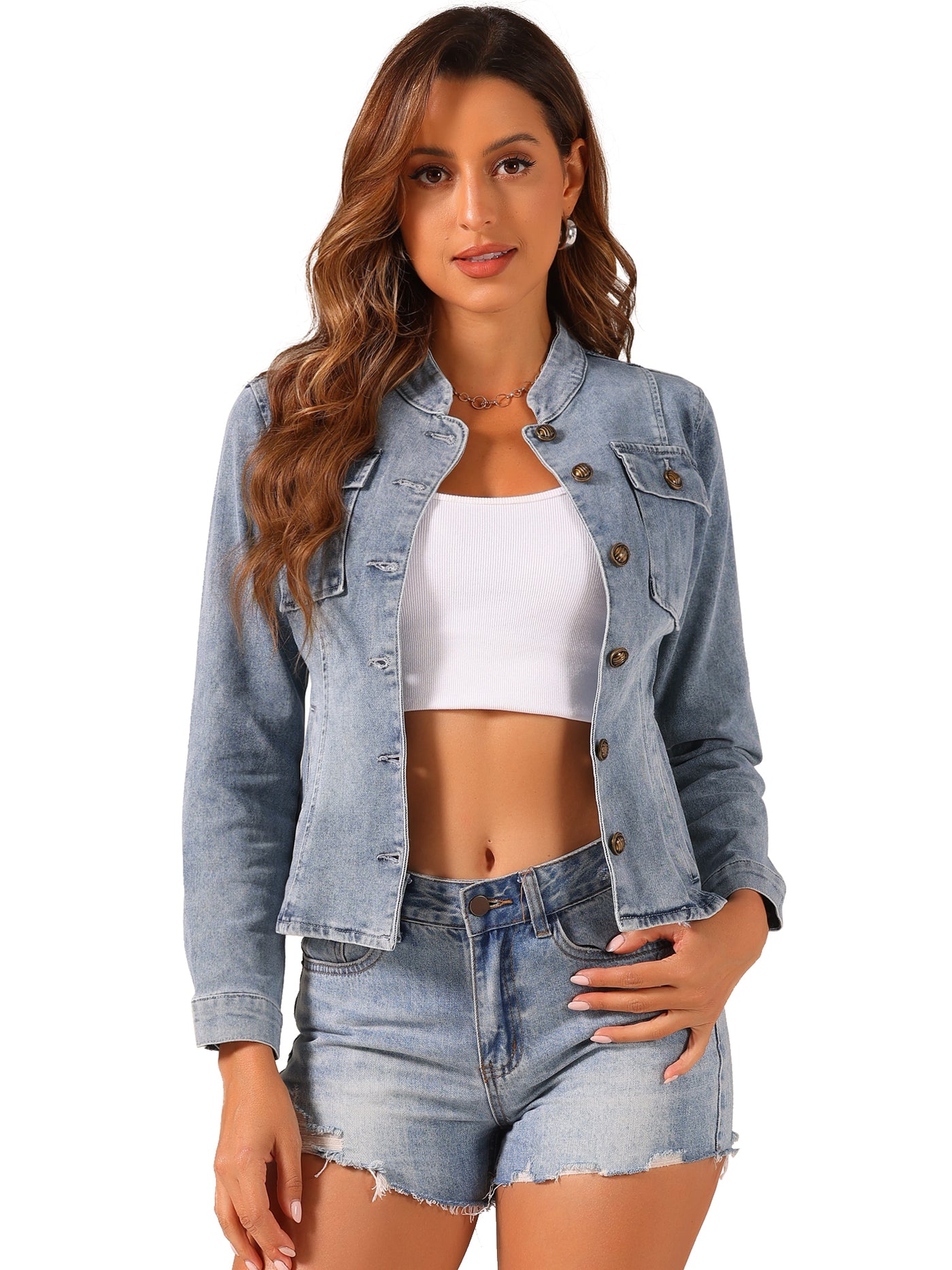 Allegra K Casual Denim Classic Stand Collar Long Sleeve Jean Jacket