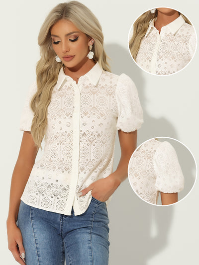 Lace Boho Puff Sleeve Button Down Eyelet Blouse