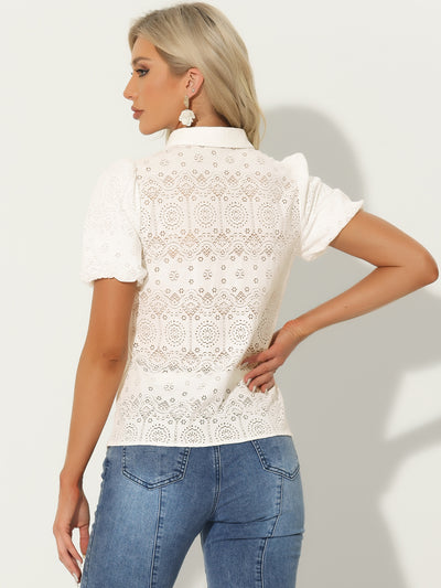 Lace Boho Puff Sleeve Button Down Eyelet Blouse