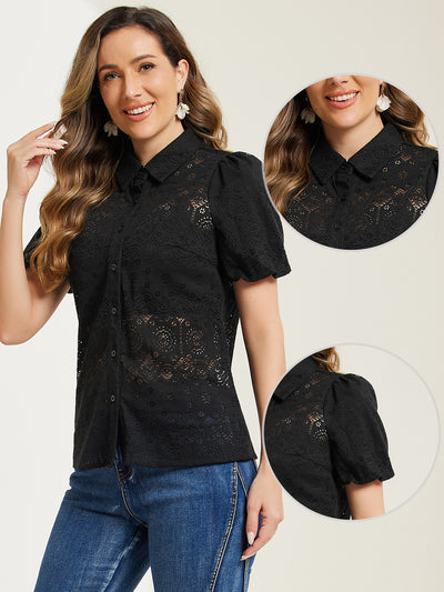 Lace Boho Puff Sleeve Button Down Eyelet Blouse