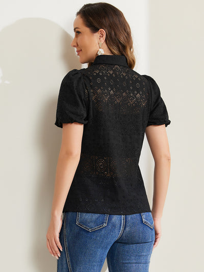 Lace Boho Puff Sleeve Button Down Eyelet Blouse