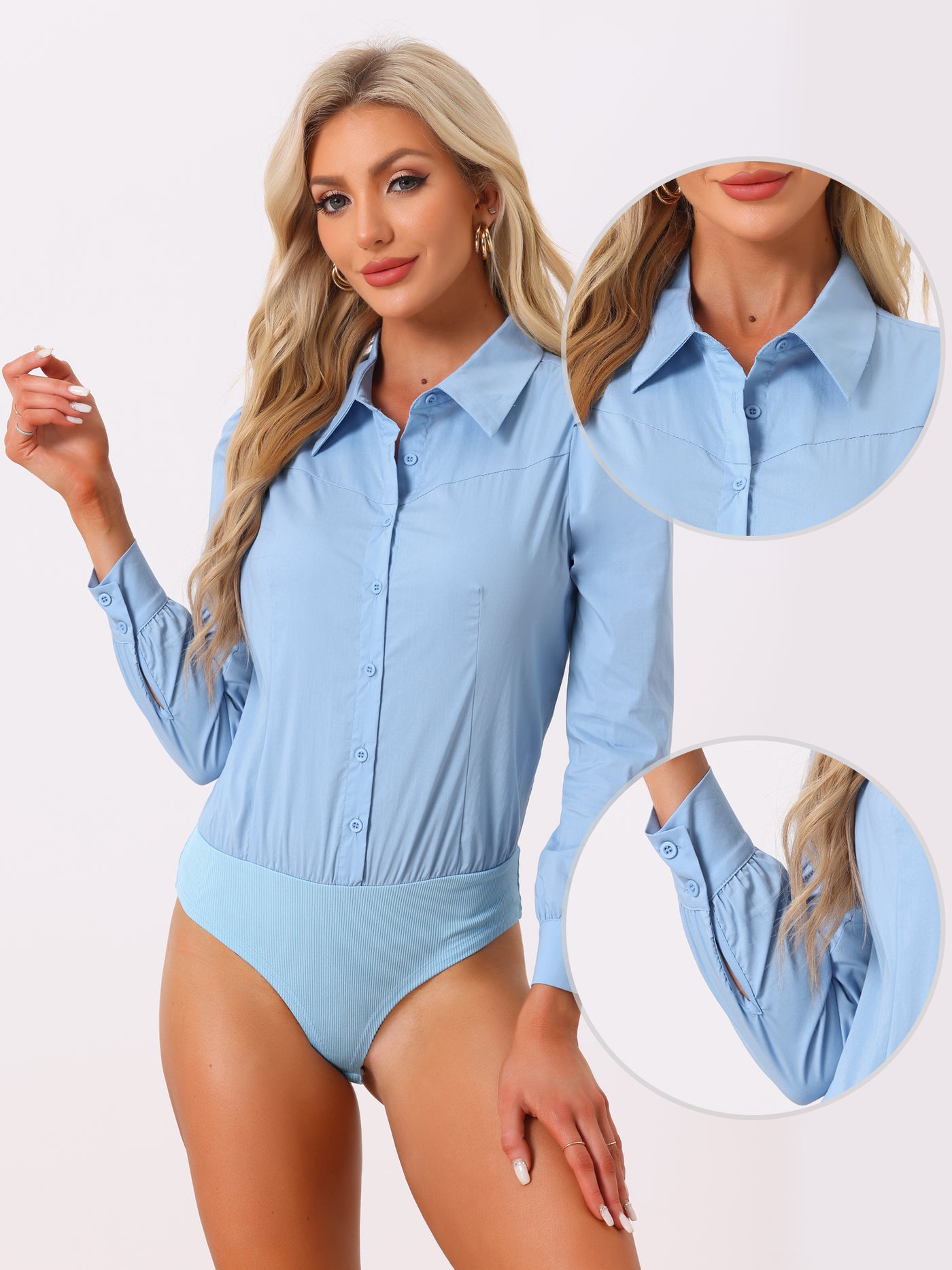 Allegra K Leotard Shirt Collared Business Casual Button Down Long Sleeves Bodysuit