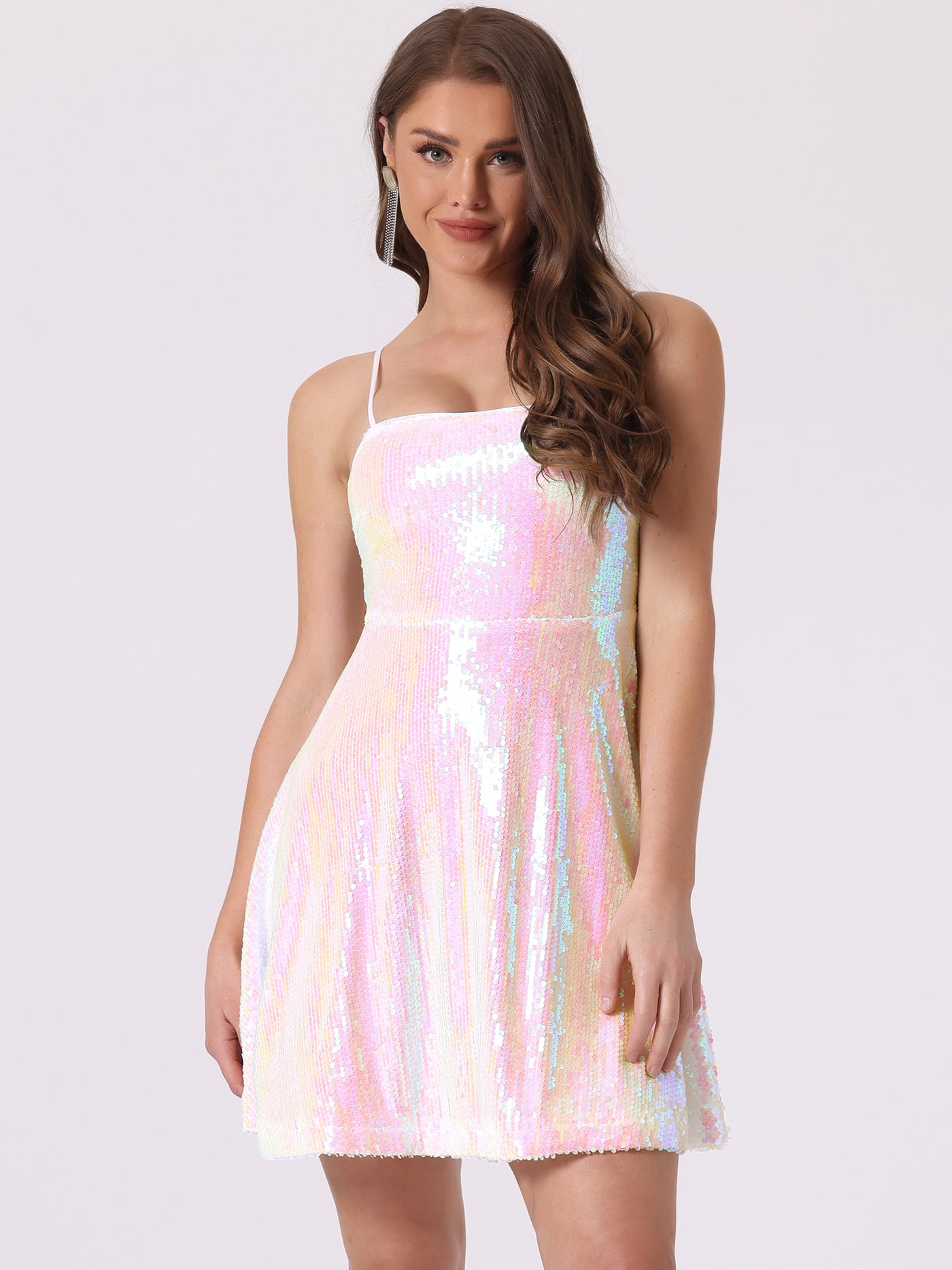 Allegra K Adjustable Spaghetti Strap Party Glitter Sparkle Sequin Dress
