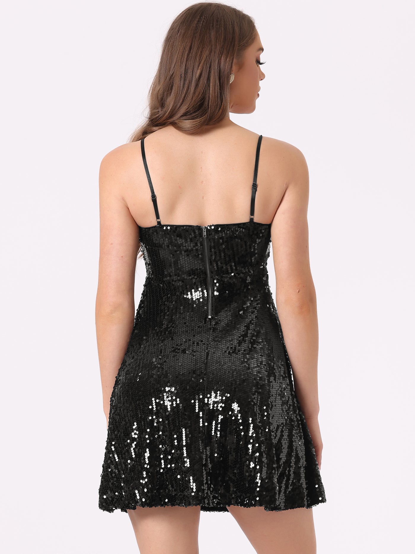 Allegra K Adjustable Spaghetti Strap Party Glitter Sparkle Sequin Dress