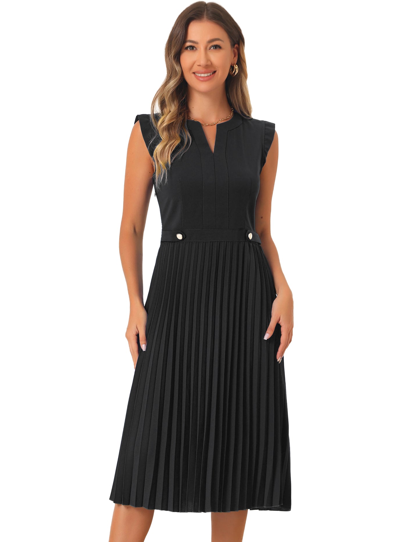 Allegra K Sleeveless Dress Casual V Neck Button Pleated Midi Dress