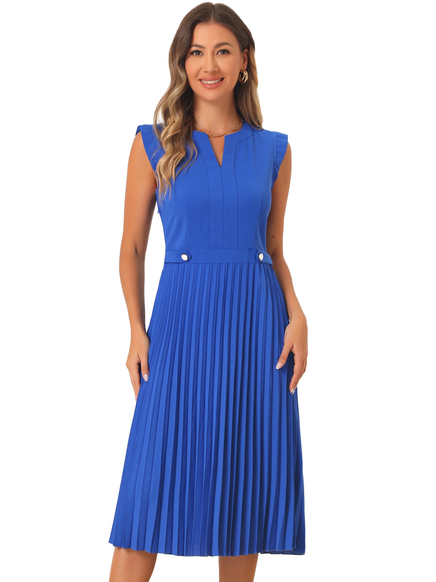 Allegra K Sleeveless Dress Casual V Neck Button Pleated Midi Dress