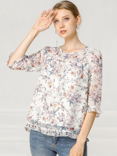 Casual Ruffle 3/4 Sleeve Floral Print Chiffon Blouse