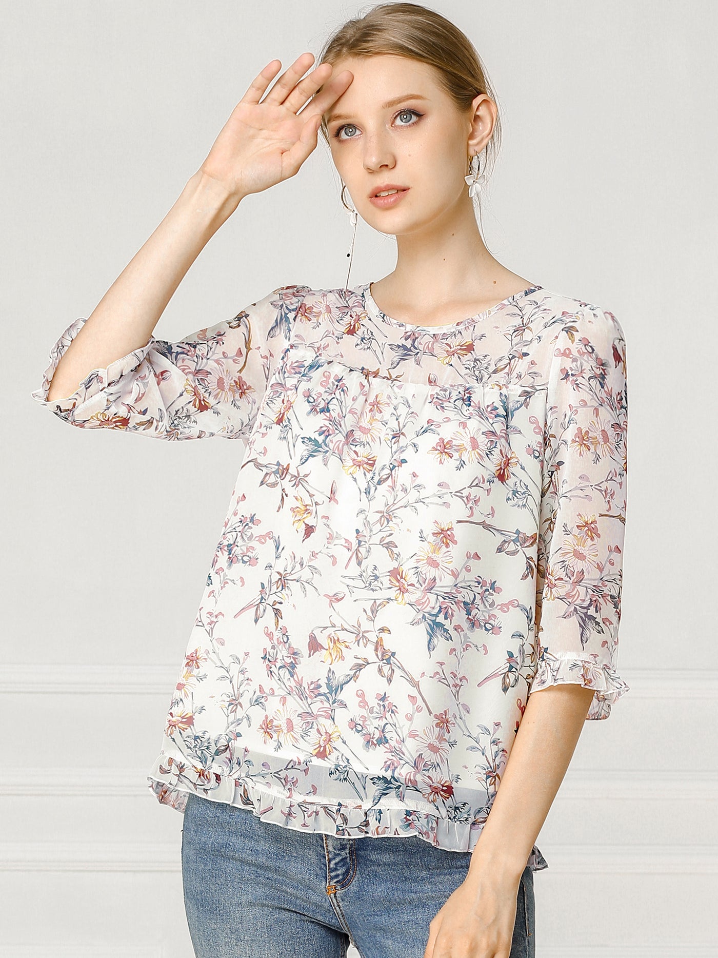 Allegra K Casual Ruffle 3/4 Sleeve Floral Print Chiffon Blouse