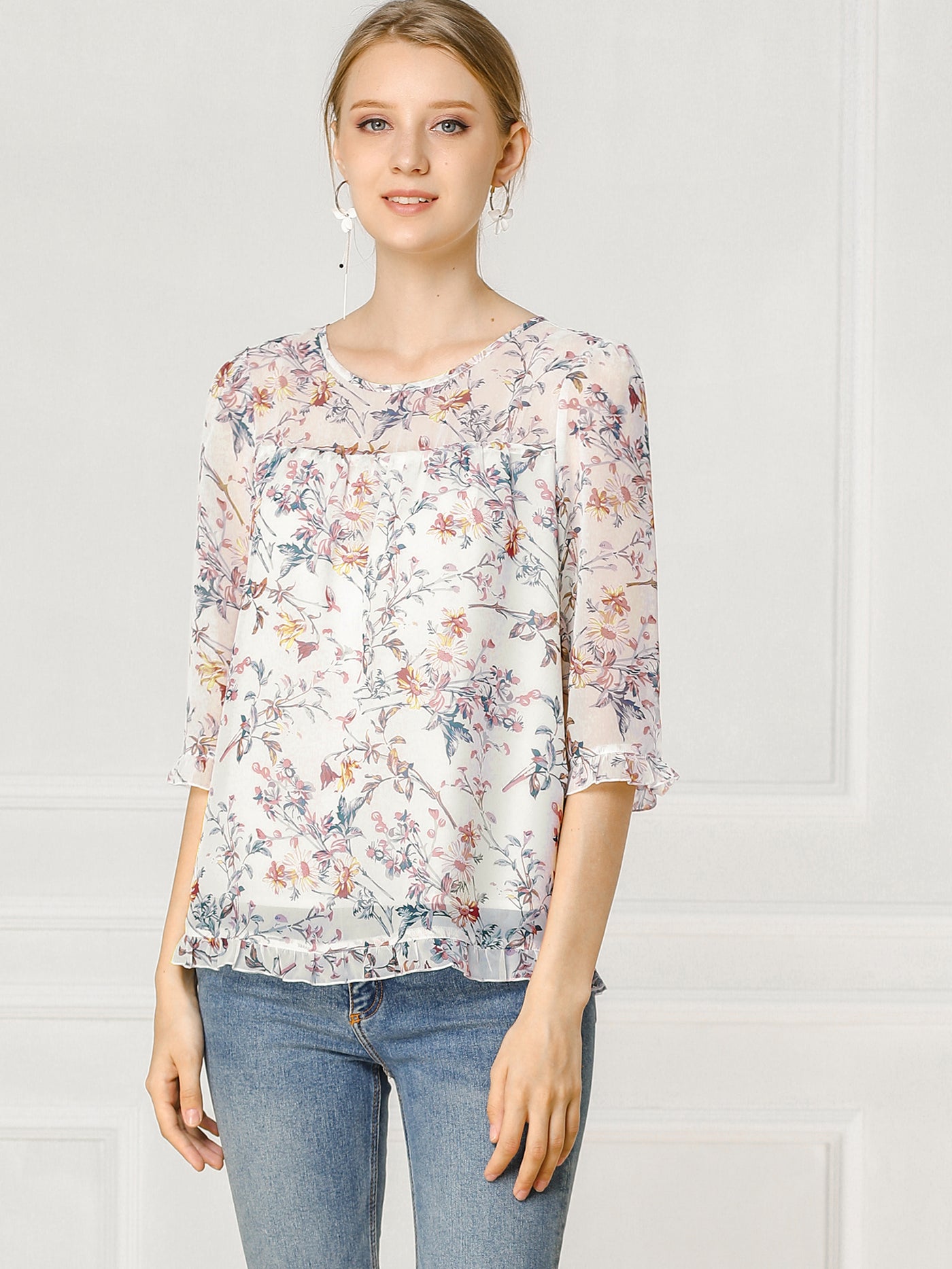 Allegra K Casual Ruffle 3/4 Sleeve Floral Print Chiffon Blouse