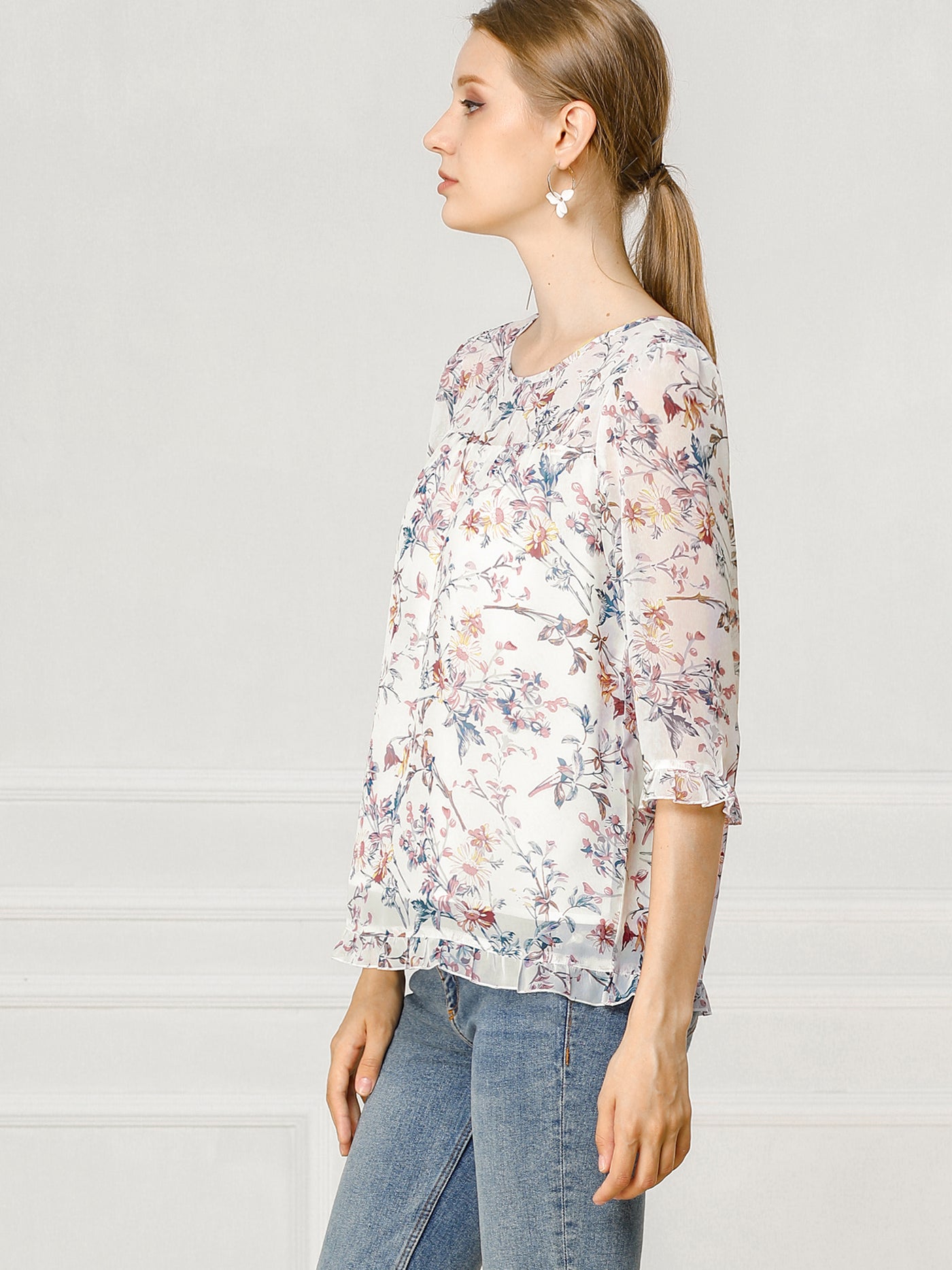 Allegra K Casual Ruffle 3/4 Sleeve Floral Print Chiffon Blouse