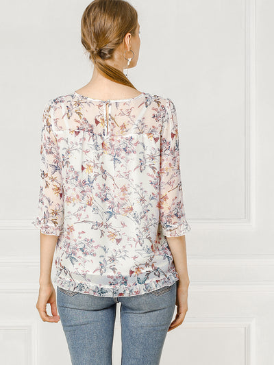 Casual Ruffle 3/4 Sleeve Floral Print Chiffon Blouse