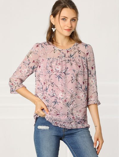 Casual Ruffle 3/4 Sleeve Floral Print Chiffon Blouse