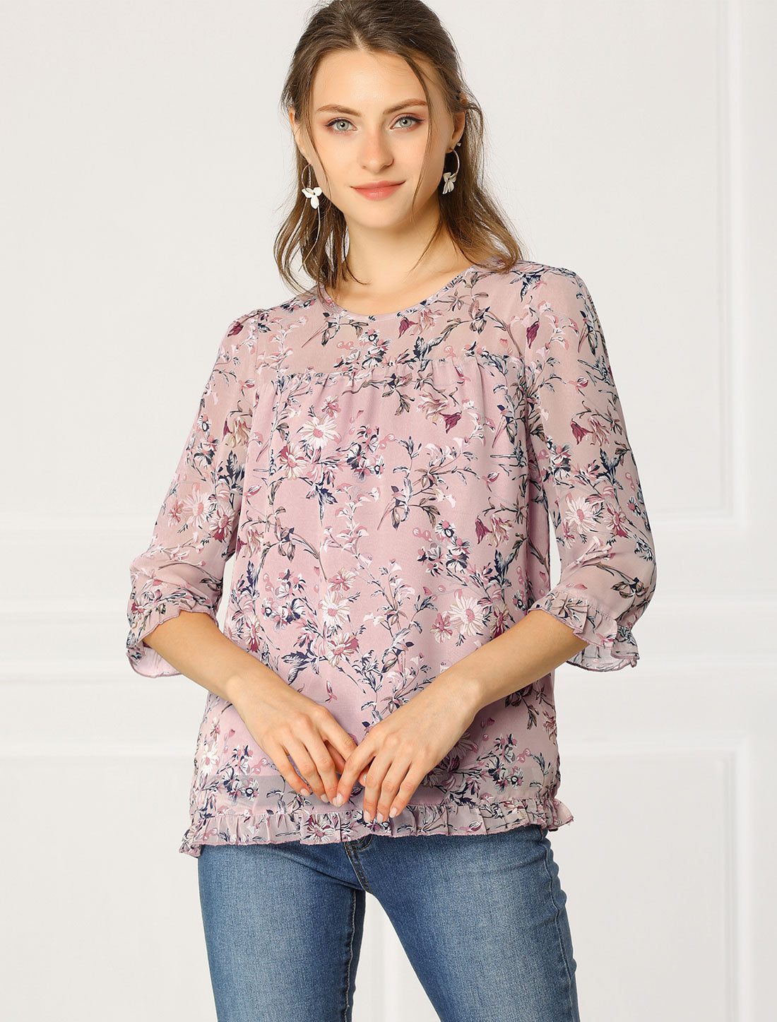 Allegra K Casual Ruffle 3/4 Sleeve Floral Print Chiffon Blouse