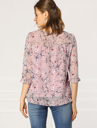 Casual Ruffle 3/4 Sleeve Floral Print Chiffon Blouse