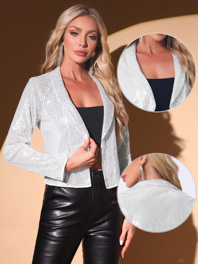 Sparkly Sequin Open Front Shawl Collar Cropped Jacket