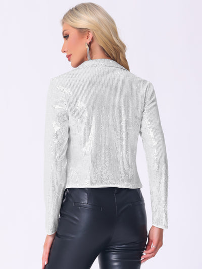 Sparkly Sequin Open Front Shawl Collar Cropped Jacket