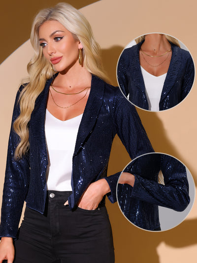 Sparkly Sequin Open Front Shawl Collar Cropped Jacket