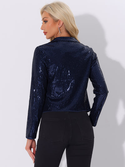 Sparkly Sequin Open Front Shawl Collar Cropped Jacket