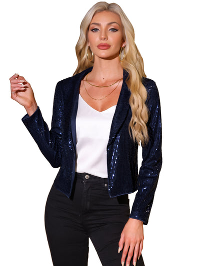 Sparkly Sequin Open Front Shawl Collar Cropped Jacket