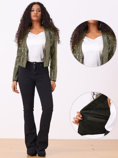 Sparkly Sequin Open Front Shawl Collar Cropped Jacket