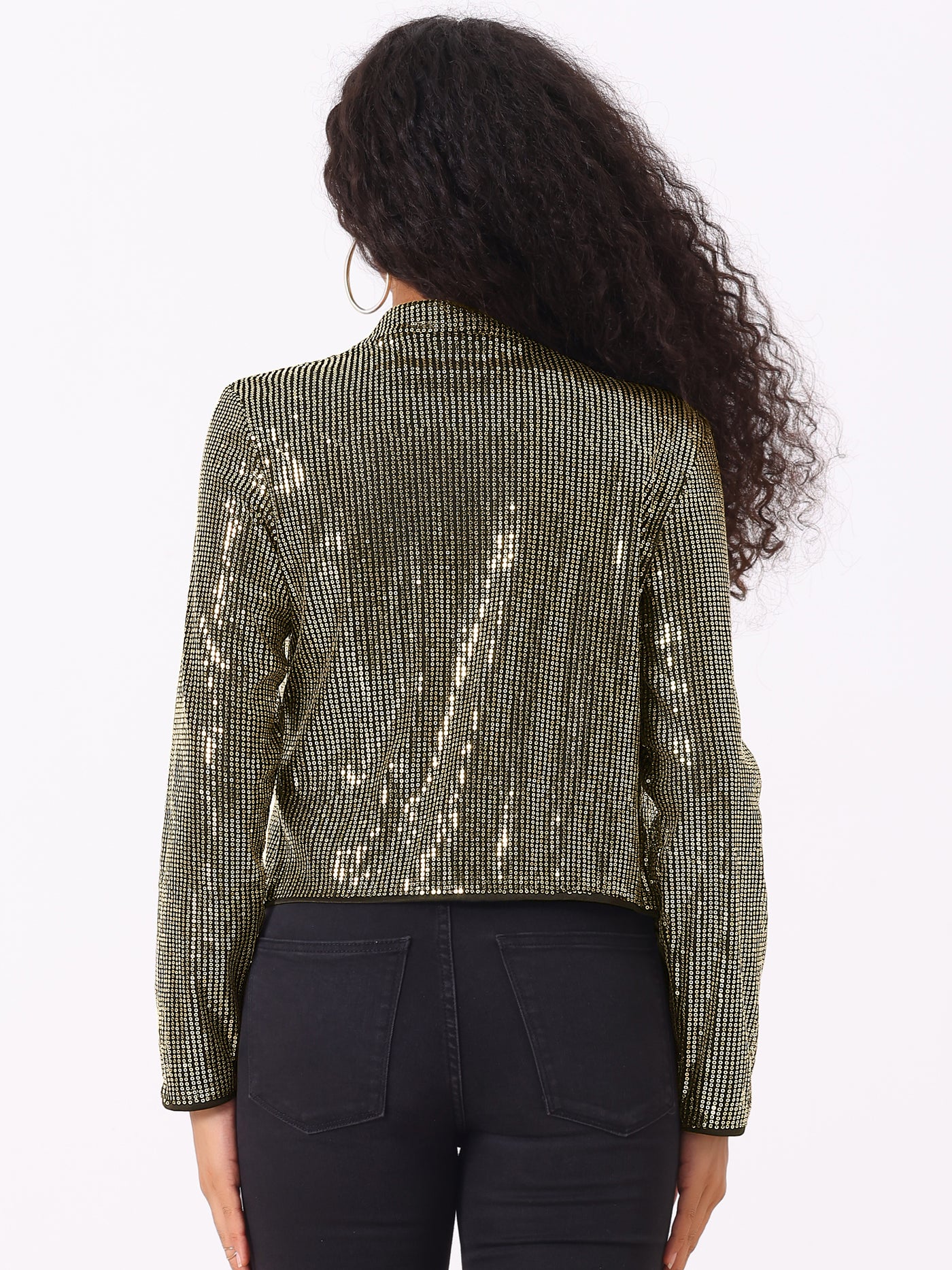 Allegra K Sparkly Sequin Open Front Shawl Collar Cropped Jacket