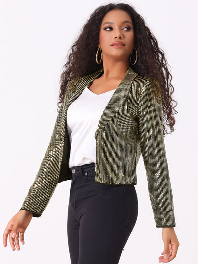 Sparkly Sequin Open Front Shawl Collar Cropped Jacket