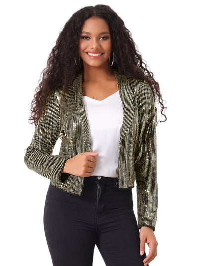 Sparkly Sequin Open Front Shawl Collar Cropped Jacket