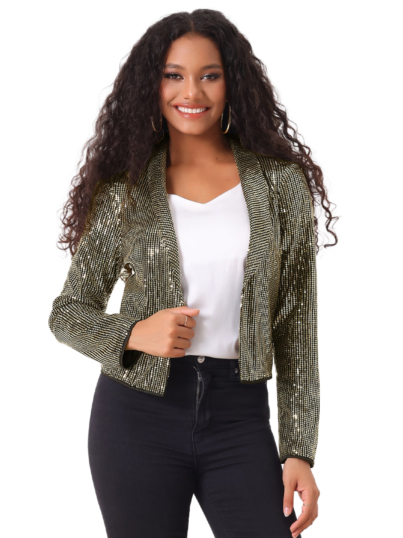 Allegra K Sparkly Sequin Open Front Shawl Collar Cropped Jacket