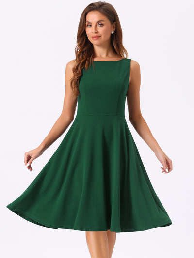 Sleeveless Boat Neck High Waisted A-Line Midi Dress