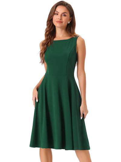 Sleeveless Boat Neck High Waisted A-Line Midi Dress